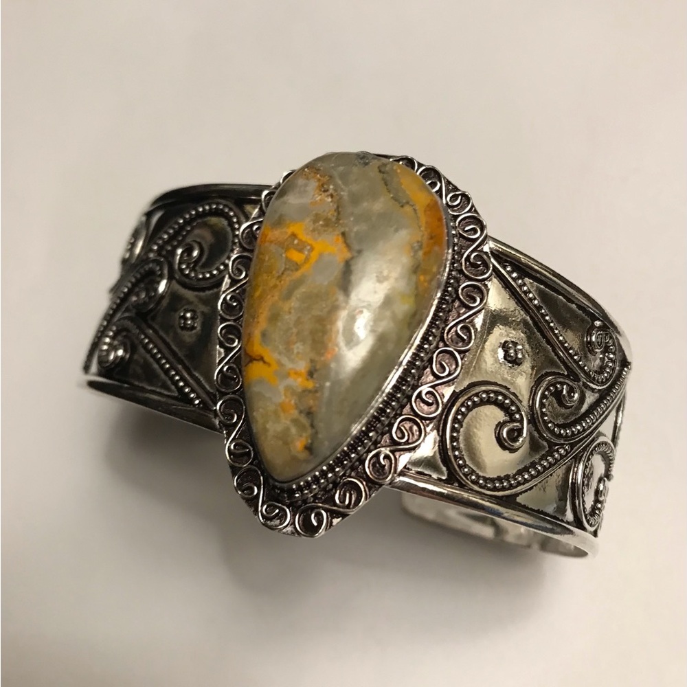 Bubble Bee Jasper Stamped 925 Sterling Silver Cuff Bracelet